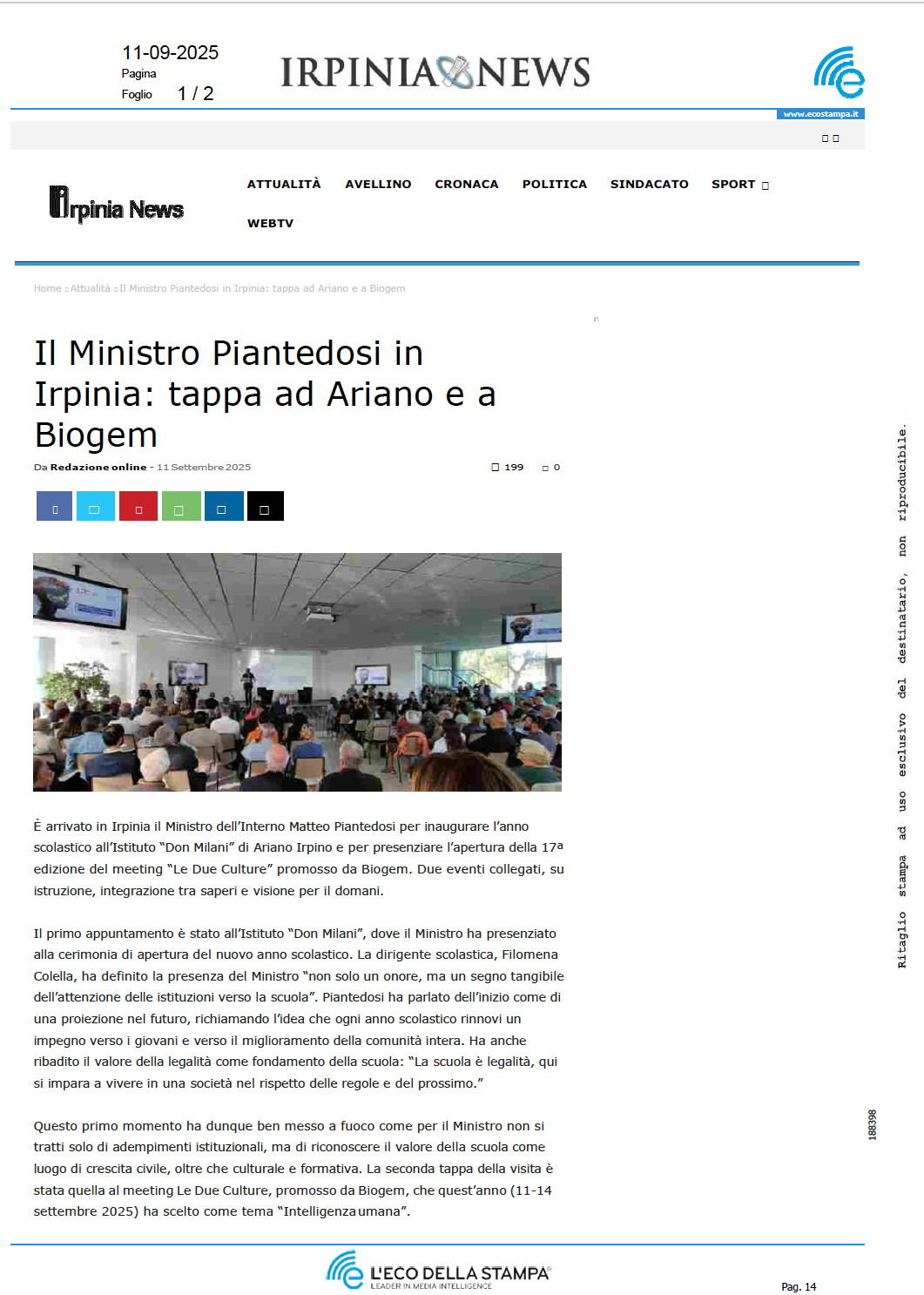 Il Ministro Piantedosi in Irpinia: tappa ad Ariano e a Biogem